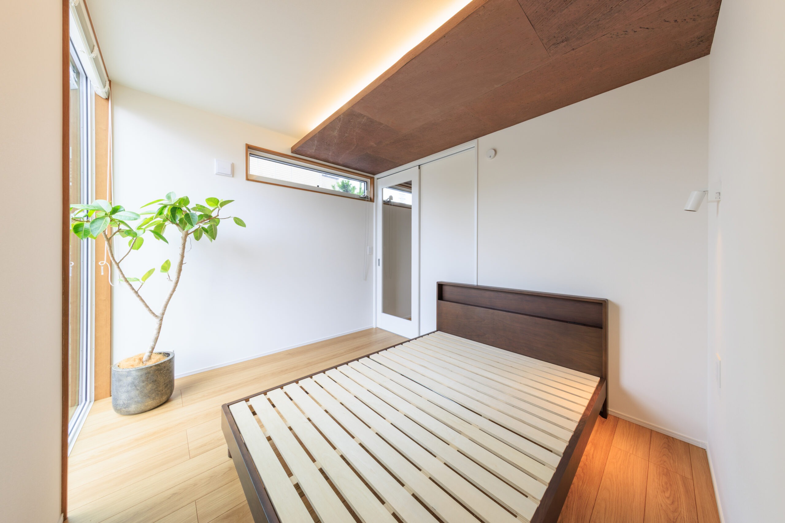 Minimalist bedroom with a low slat bed frame, light wood floor, and a potted plant by a tall window; white walls and an angled wooden ceiling beam reveal a clean, airy space.