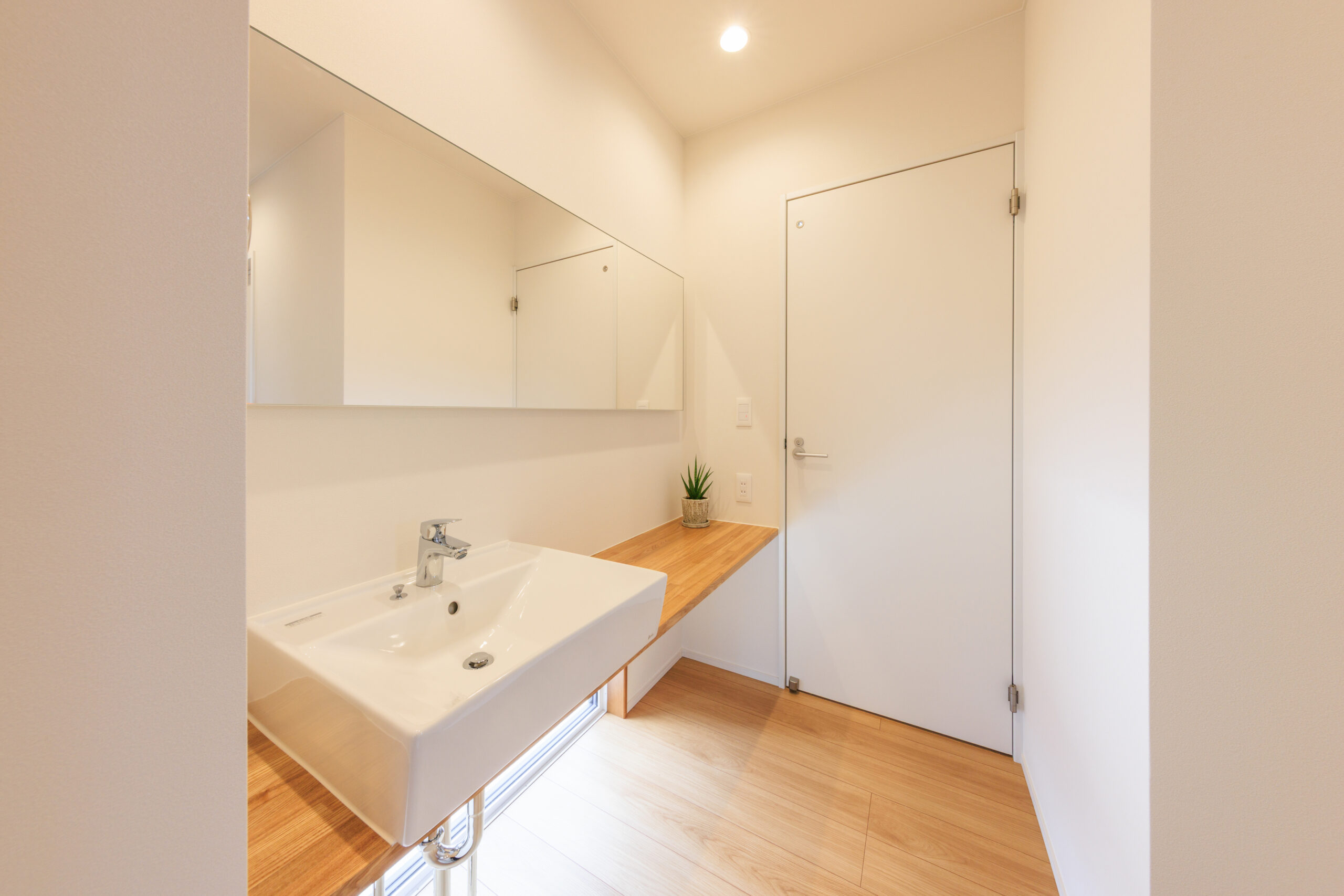Bright modern bathroom with a white rectangular sink on a wooden counter, large wall mirror, and white door.